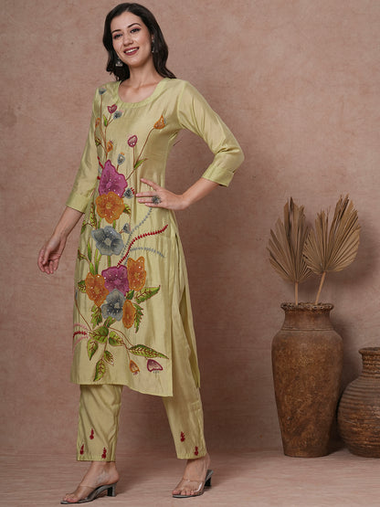 Solid Floral Painted & Hand Embroidered Straight Fit Co-ord Set - Light Green