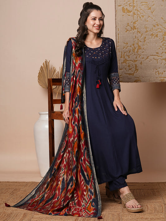 Solid Ethnic Embroidered Anarkali Kurta with Pant & Ikat Printed Dupatta - Blue