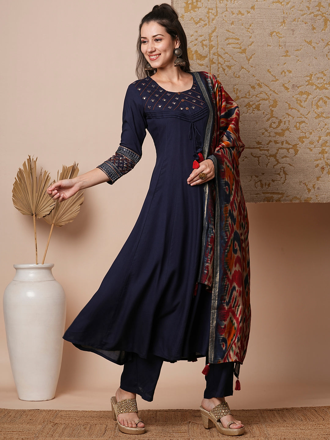 Solid Ethnic Embroidered Anarkali Kurta with Pant & Ikat Printed Dupatta - Blue