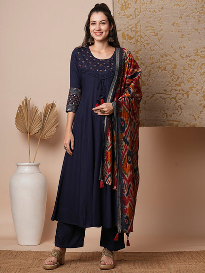 Solid Ethnic Embroidered Anarkali Kurta with Pant & Ikat Printed Dupatta - Blue