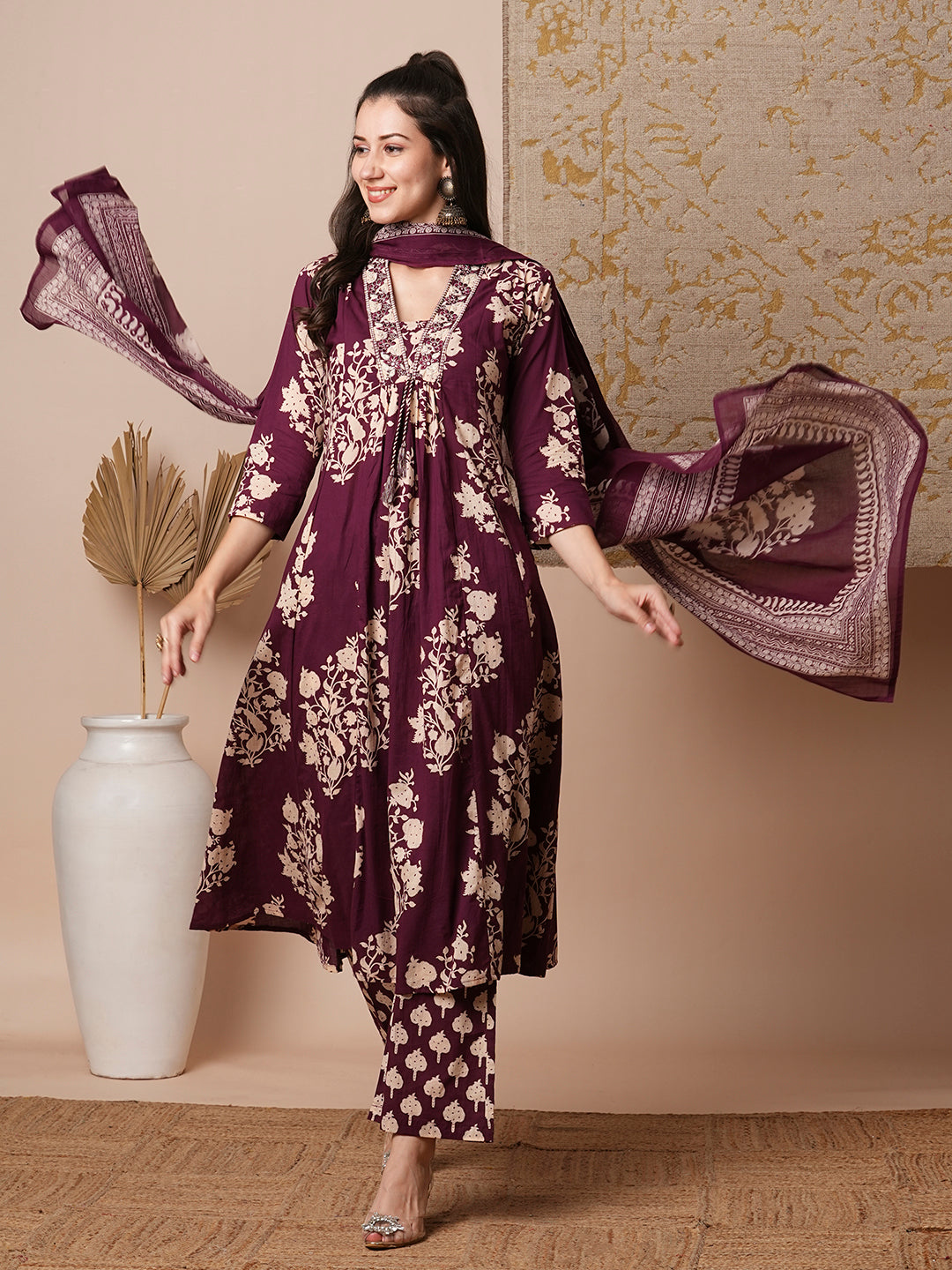 Floral Printed & Embroidered A-Line Paneled Kurta with Palazzo & Dupatta - Burgundy