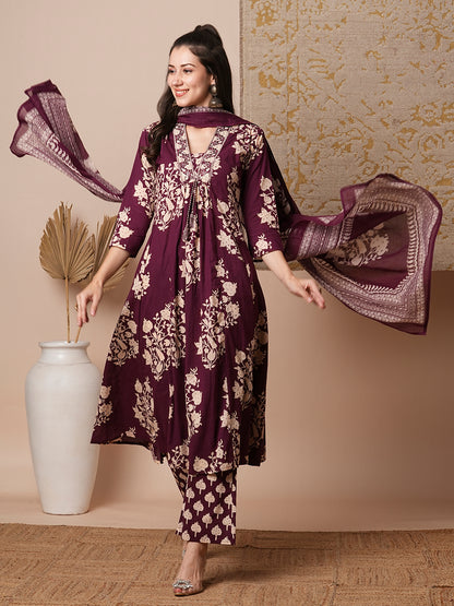 Floral Printed & Embroidered A-Line Paneled Kurta with Palazzo & Dupatta - Burgundy