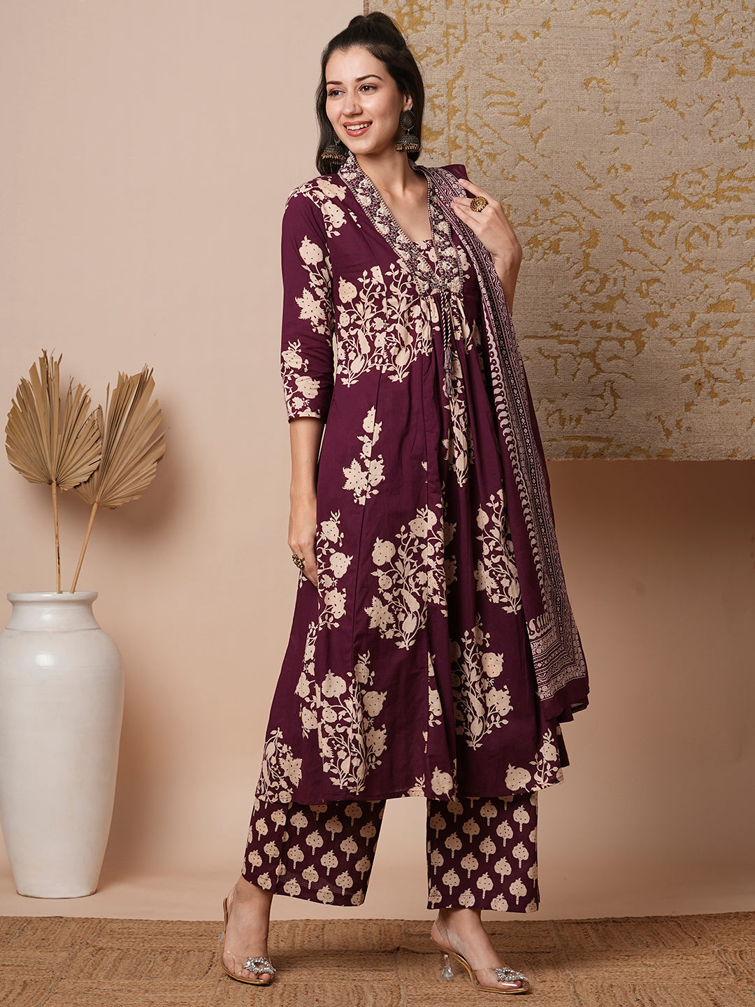 Floral Printed & Embroidered A-Line Paneled Kurta with Palazzo & Dupatta - Burgundy