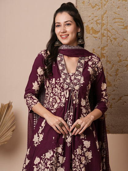 Floral Printed & Embroidered A-Line Paneled Kurta with Palazzo & Dupatta - Burgundy