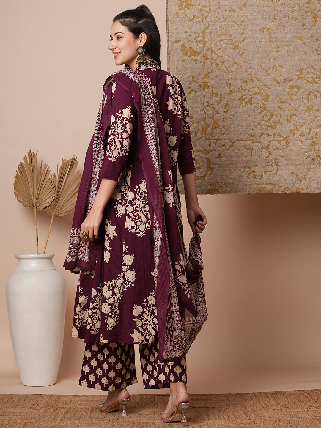 Floral Printed & Embroidered A-Line Paneled Kurta with Palazzo & Dupatta - Burgundy