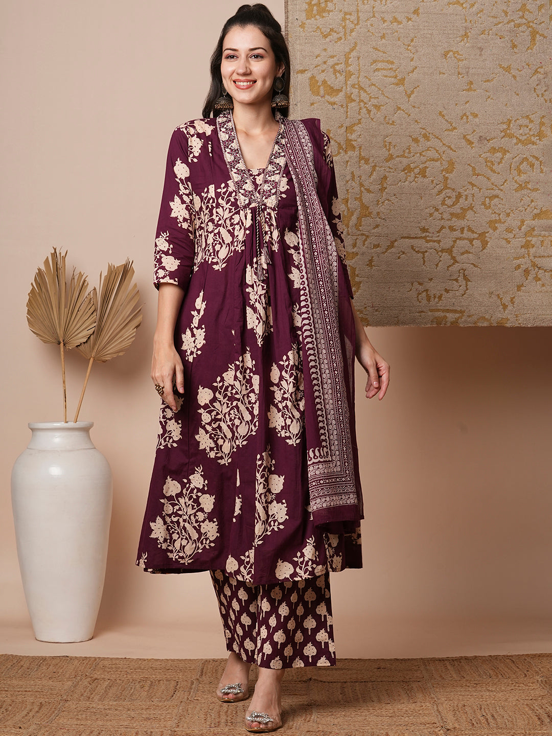 Floral Printed & Embroidered A-Line Paneled Kurta with Palazzo & Dupatta - Burgundy