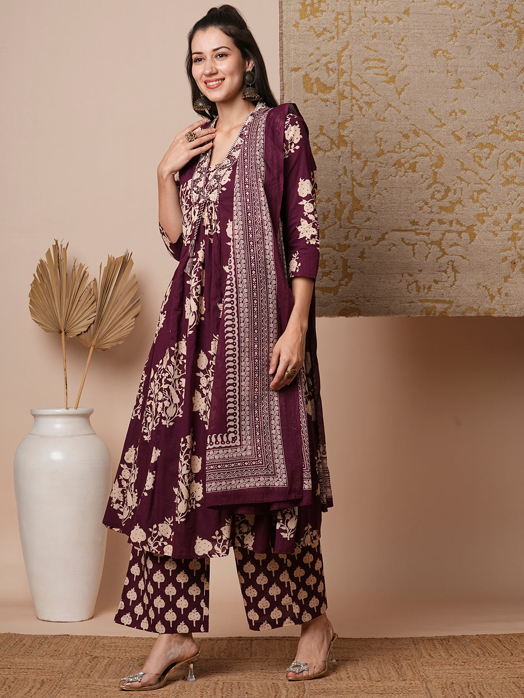 Floral Printed & Embroidered A-Line Paneled Kurta with Palazzo & Dupatta - Burgundy