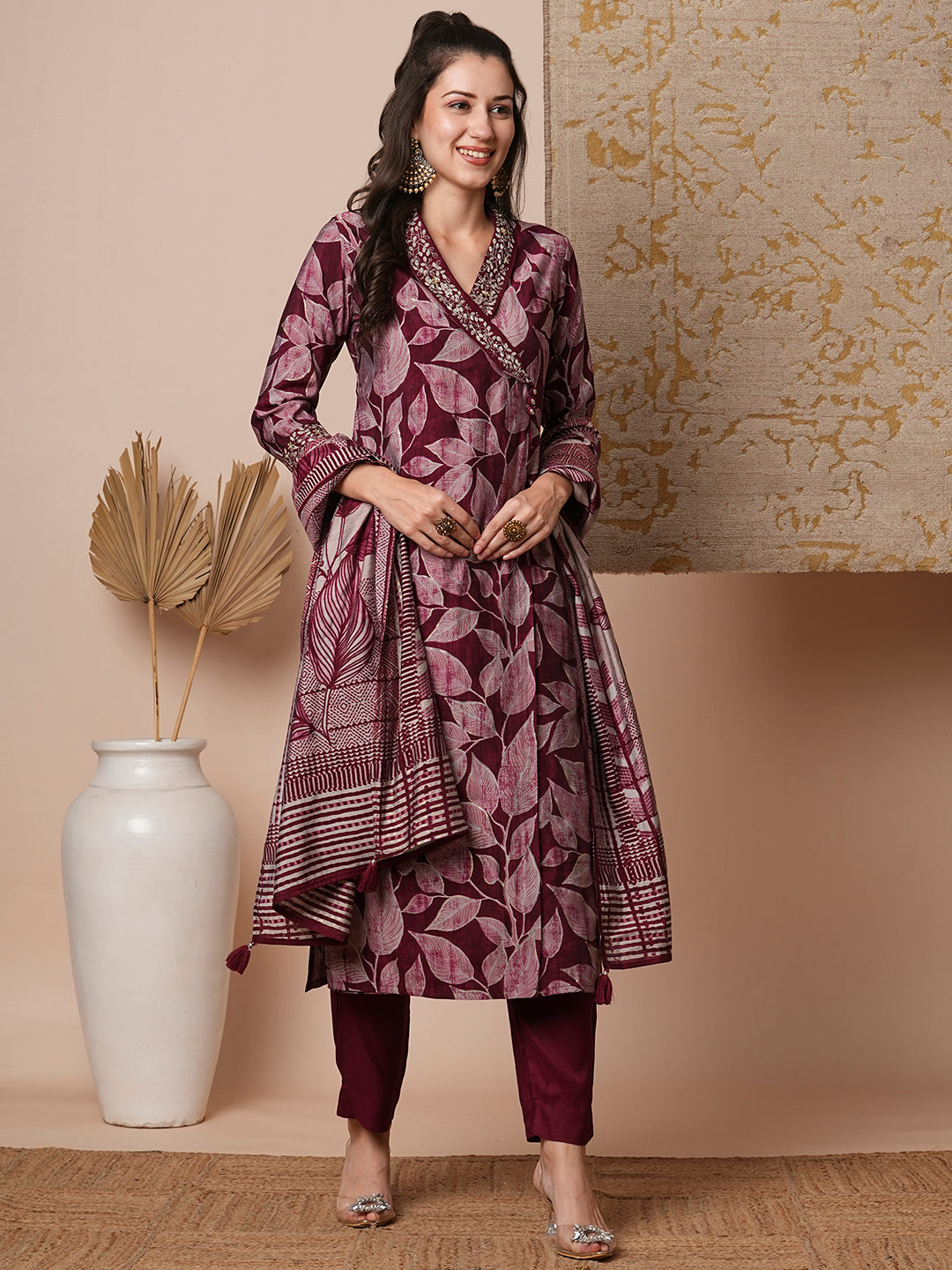 Ethnic Leaf Printed & Embroidered Straight Kurta with Pant and Dupatta - Burgundy