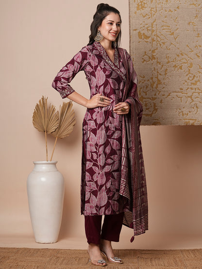 Ethnic Leaf Printed & Embroidered Straight Kurta with Pant and Dupatta - Burgundy