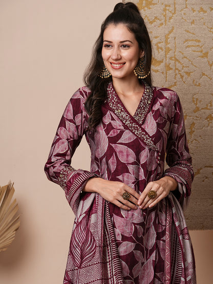 Ethnic Leaf Printed & Embroidered Straight Kurta with Pant and Dupatta - Burgundy