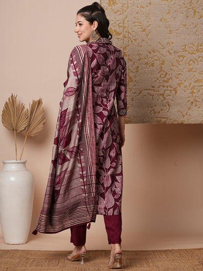 Ethnic Leaf Printed & Embroidered Straight Kurta with Pant and Dupatta - Burgundy