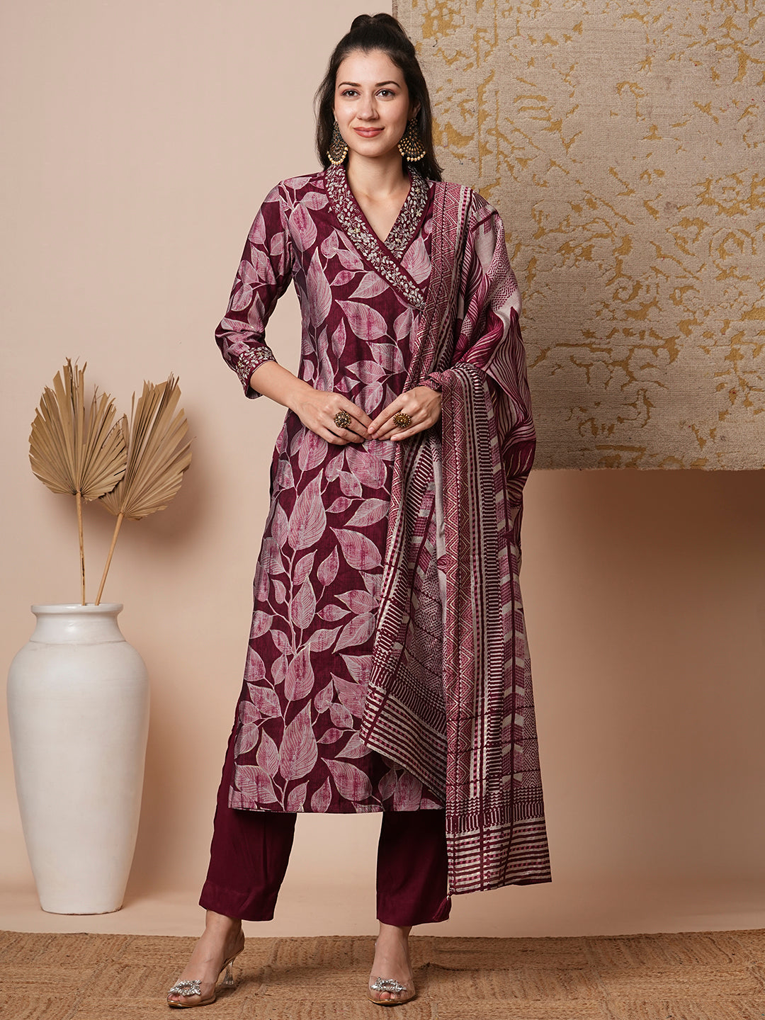 Ethnic Leaf Printed & Embroidered Straight Kurta with Pant and Dupatta - Burgundy