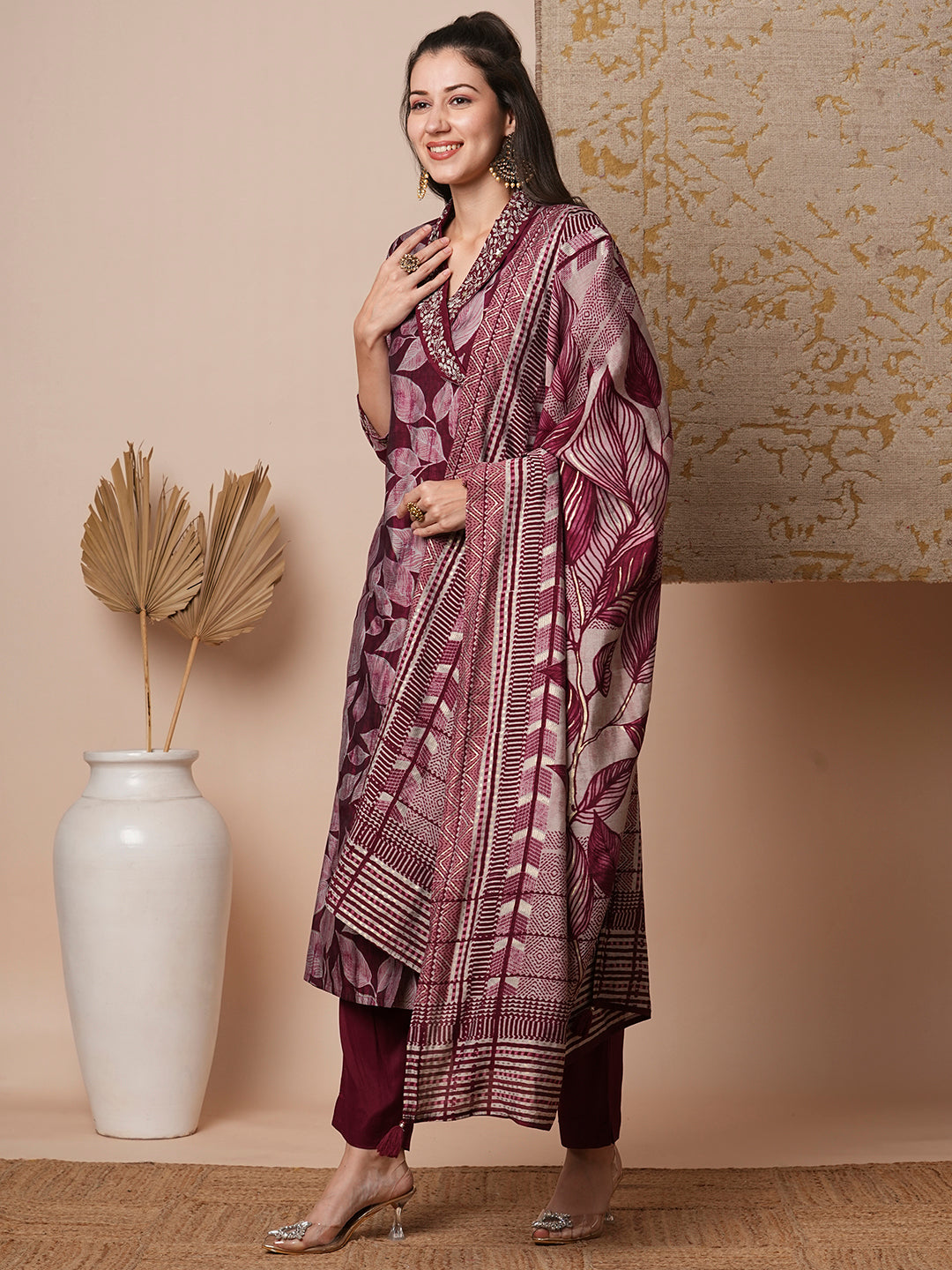 Ethnic Leaf Printed & Embroidered Straight Kurta with Pant and Dupatta - Burgundy