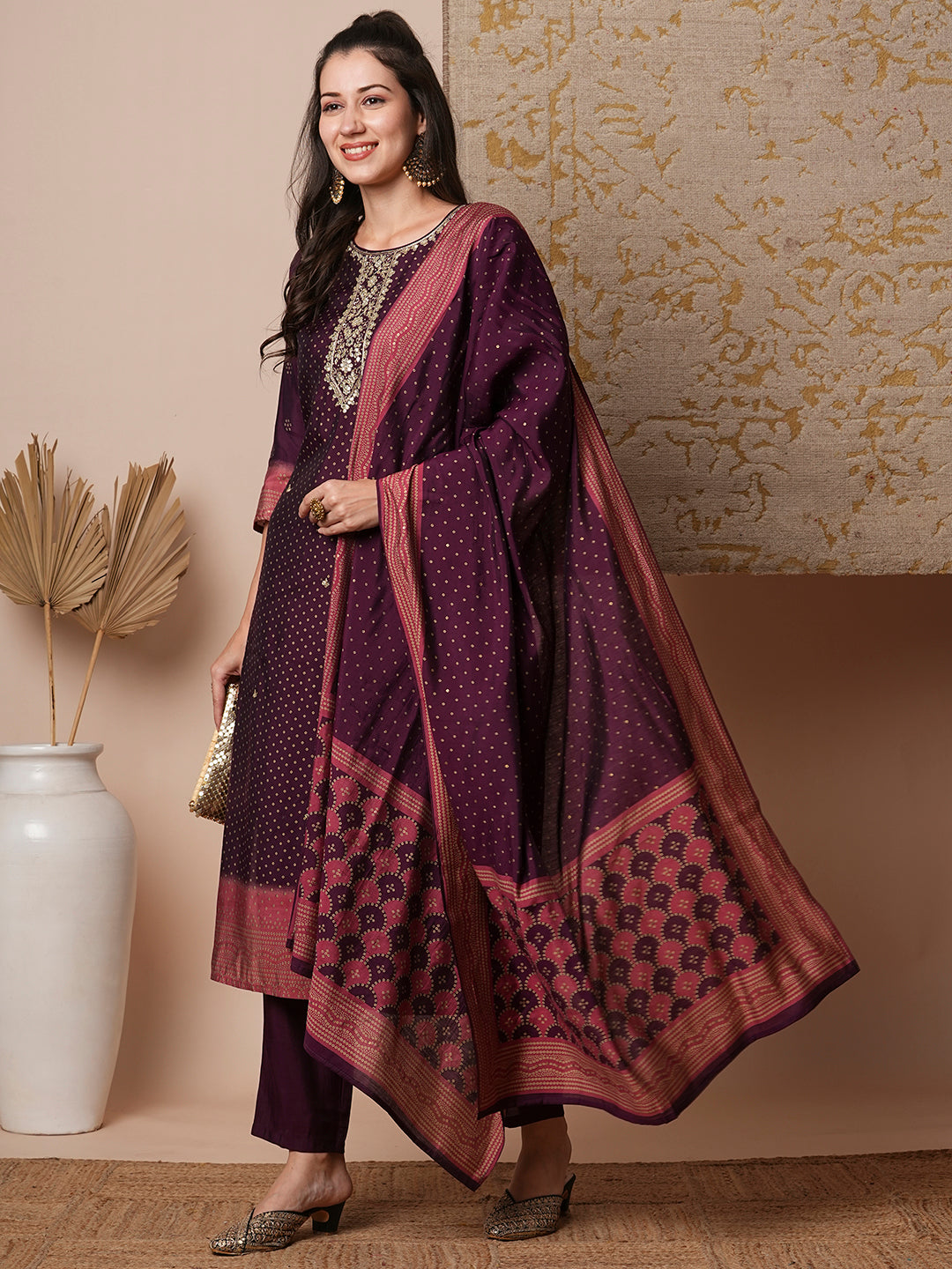 Bandhani Printed & Gota Patti Embroidered Straight Fit Kurta with Pant and Dupatta - Burgundy