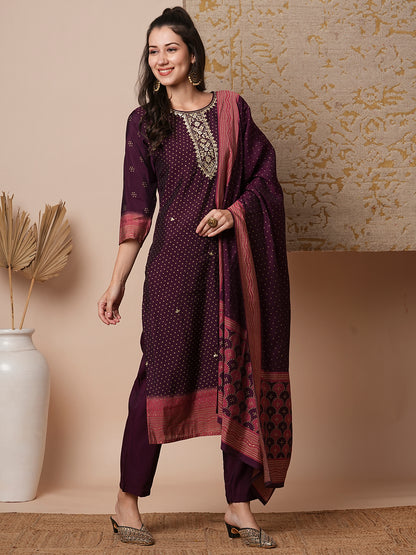 Bandhani Printed & Gota Patti Embroidered Straight Fit Kurta with Pant and Dupatta - Burgundy