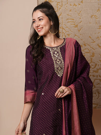 Bandhani Printed & Gota Patti Embroidered Straight Fit Kurta with Pant and Dupatta - Burgundy