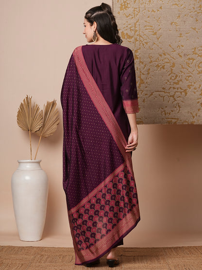 Bandhani Printed & Gota Patti Embroidered Straight Fit Kurta with Pant and Dupatta - Burgundy