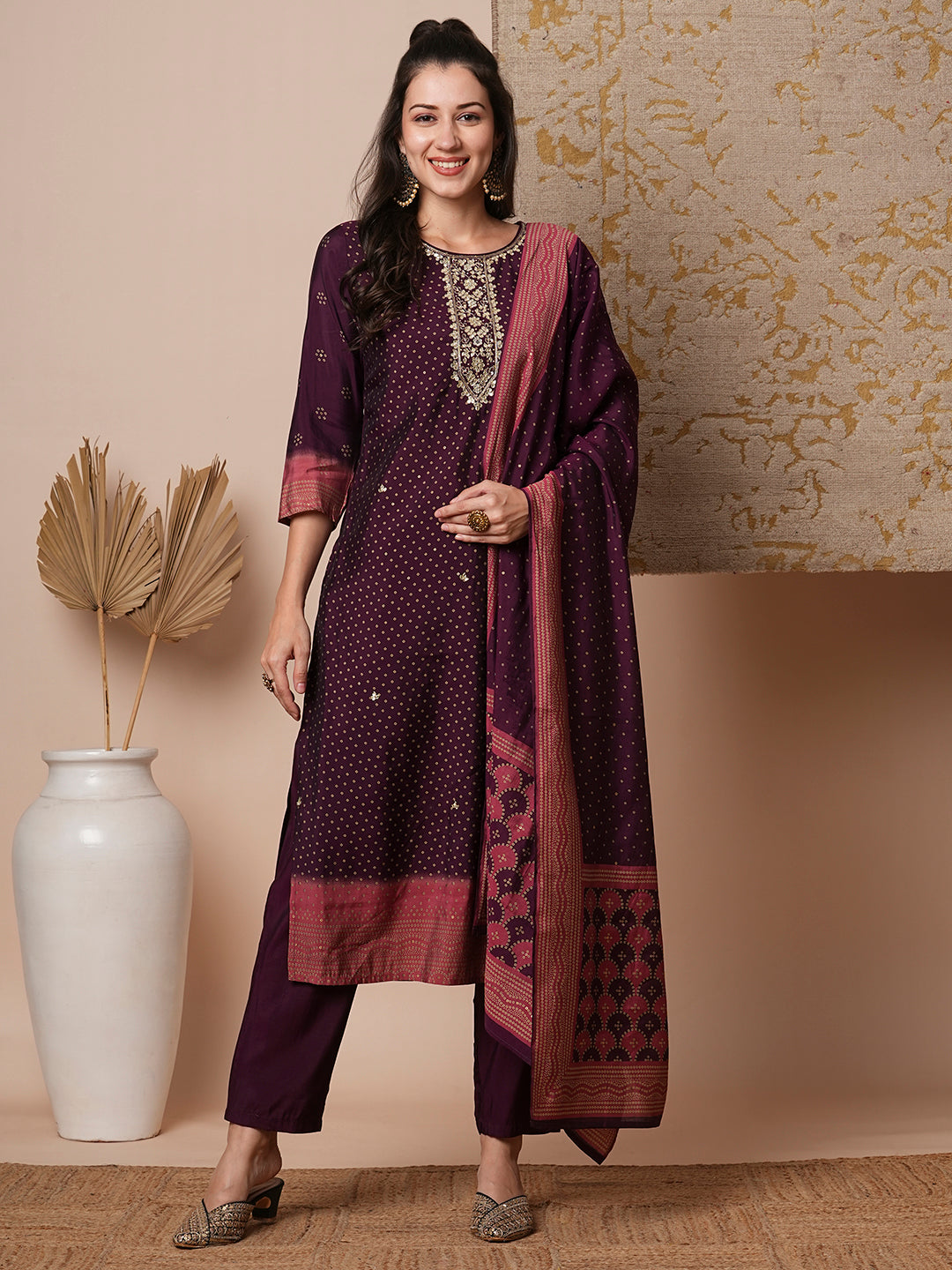 Bandhani Printed & Gota Patti Embroidered Straight Fit Kurta with Pant and Dupatta - Burgundy