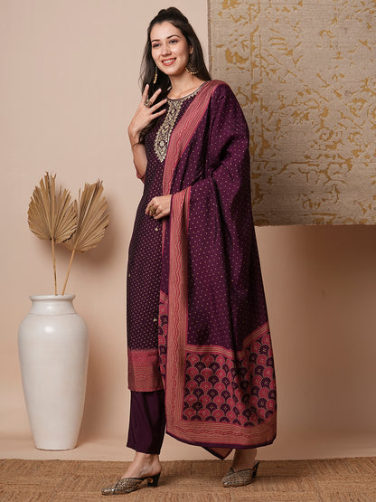 Bandhani Printed & Gota Patti Embroidered Straight Fit Kurta with Pant and Dupatta - Burgundy