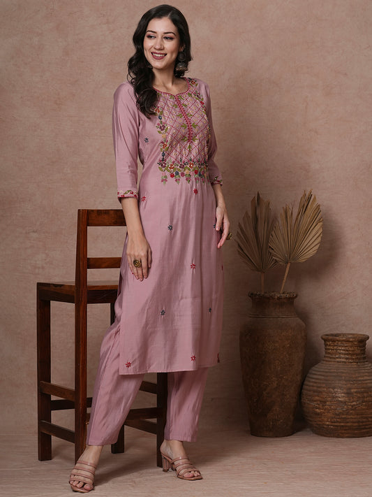 Solid Floral Hand Embroidered Straight Fit Co-ord Set - Rose Gold