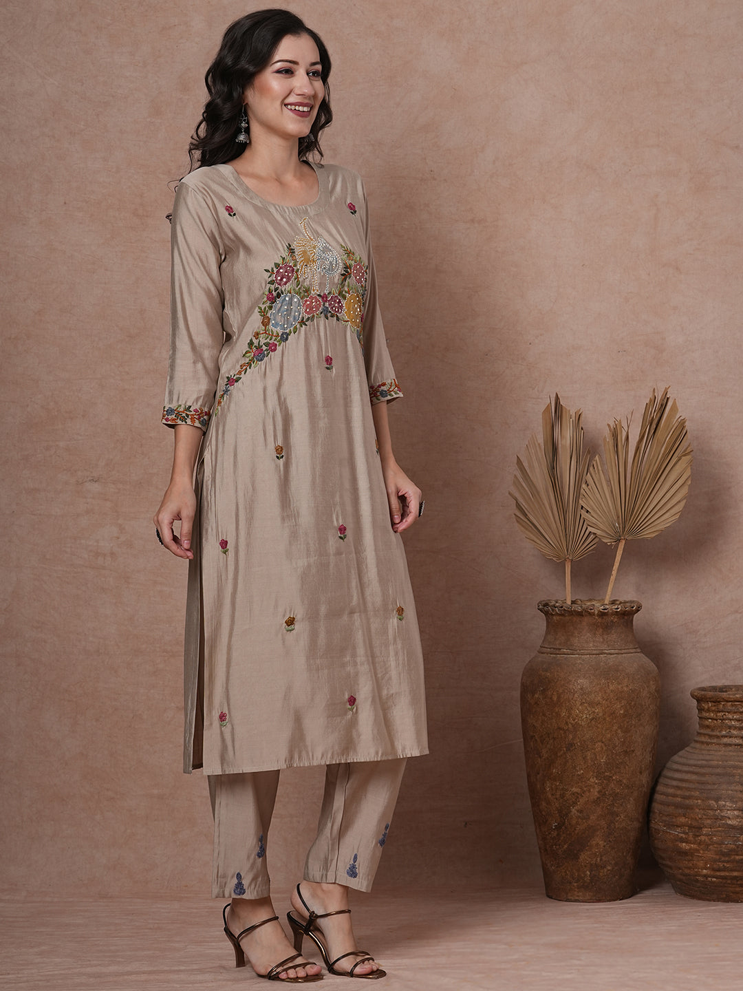 Solid Floral Painted & Hand Embroidered Straight Fit Co-ord Set - Taupe