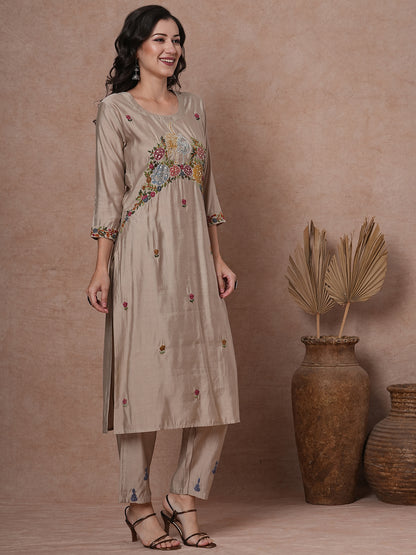 Solid Floral Painted & Hand Embroidered Straight Fit Co-ord Set - Taupe