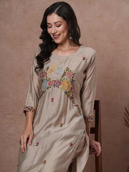 Solid Floral Painted & Hand Embroidered Straight Fit Co-ord Set - Taupe