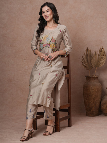 Solid Floral Painted & Hand Embroidered Straight Fit Co-ord Set - Taupe