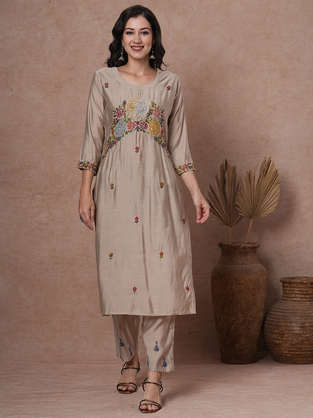 Solid Floral Painted & Hand Embroidered Straight Fit Co-ord Set - Taupe