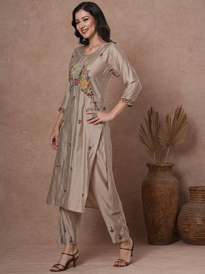 Solid Floral Painted & Hand Embroidered Straight Fit Co-ord Set - Taupe