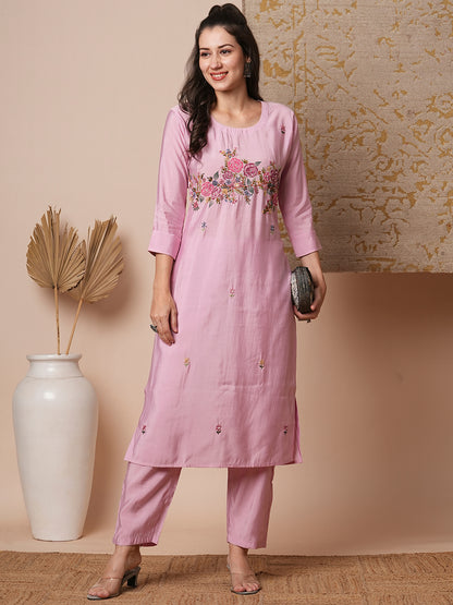 Solid Floral Hand Embroidered & Painted Straight Fit Co-ord Set - Pink