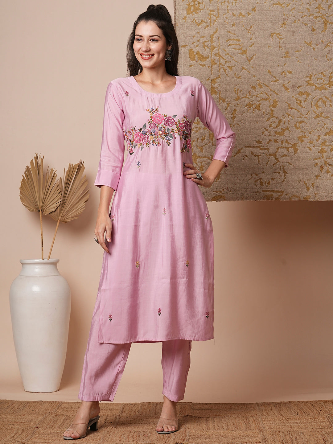 Solid Floral Hand Embroidered & Painted Straight Fit Co-ord Set - Pink