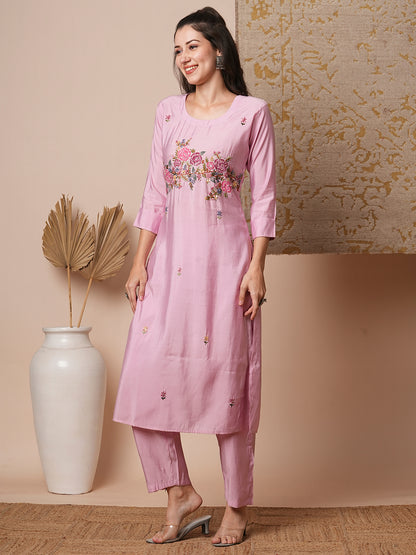 Solid Floral Hand Embroidered & Painted Straight Fit Co-ord Set - Pink