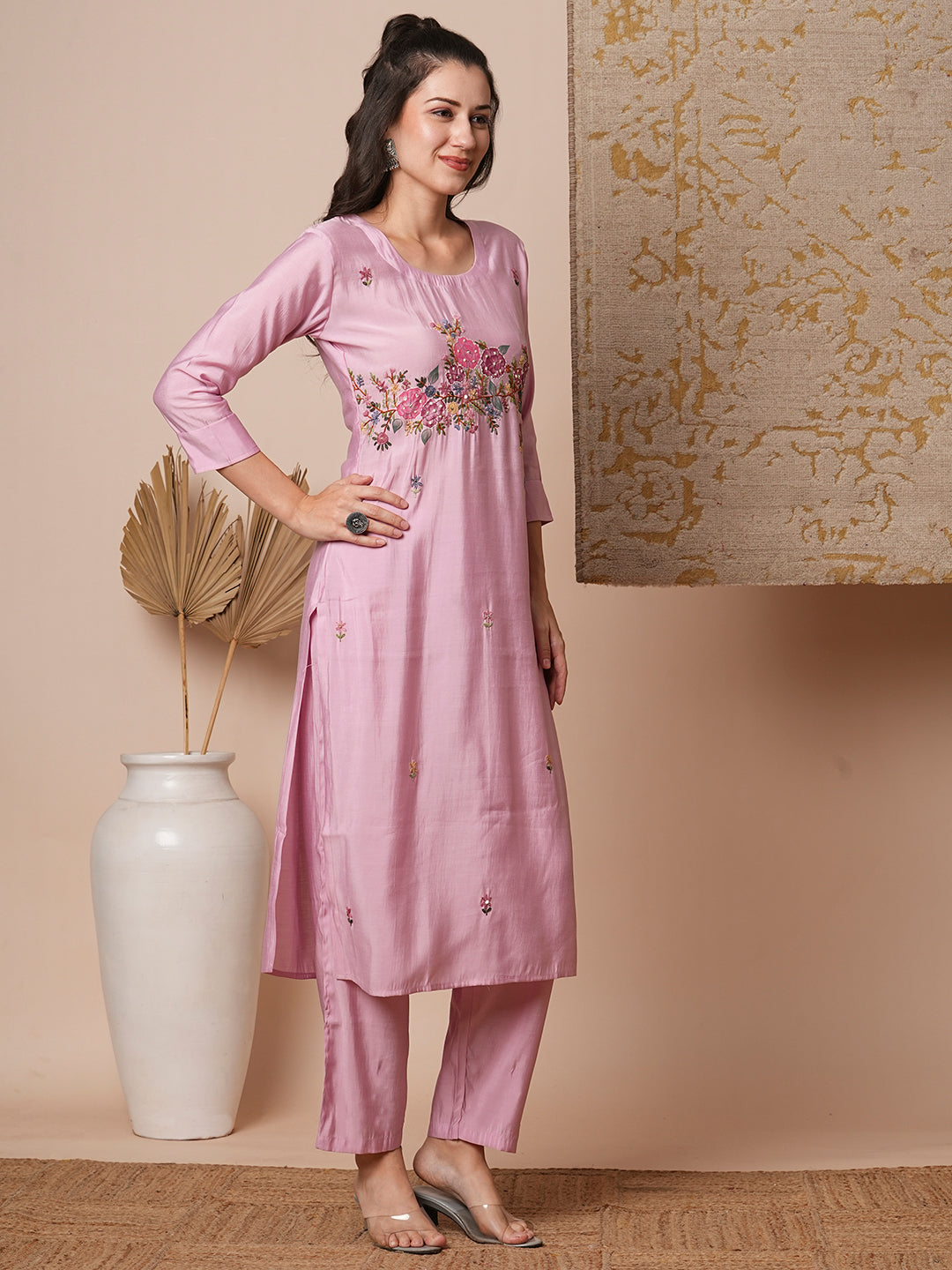 Solid Floral Hand Embroidered & Painted Straight Fit Co-ord Set - Pink