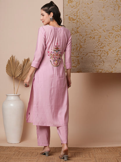 Solid Floral Hand Embroidered & Painted Straight Fit Co-ord Set - Pink