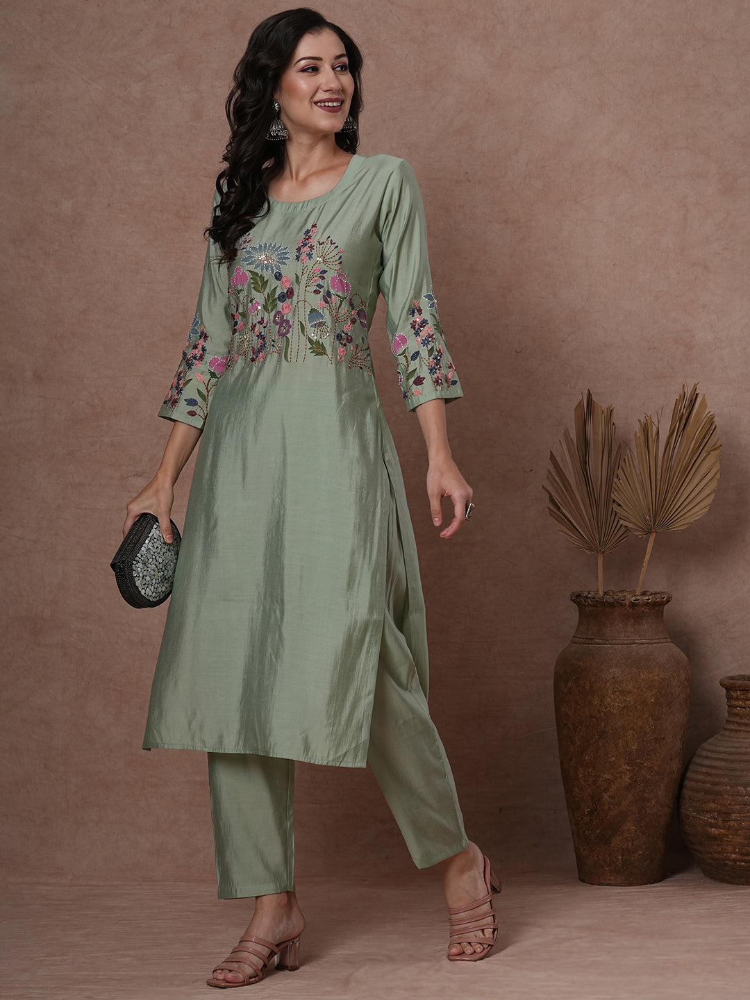 Solid Floral Hand Painted & Embroidered Straight Fit Co-ord Set - Green