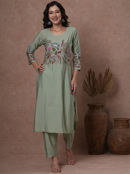 Solid Floral Hand Painted & Embroidered Straight Fit Co-ord Set - Green