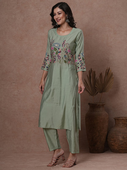 Solid Floral Hand Painted & Embroidered Straight Fit Co-ord Set - Green