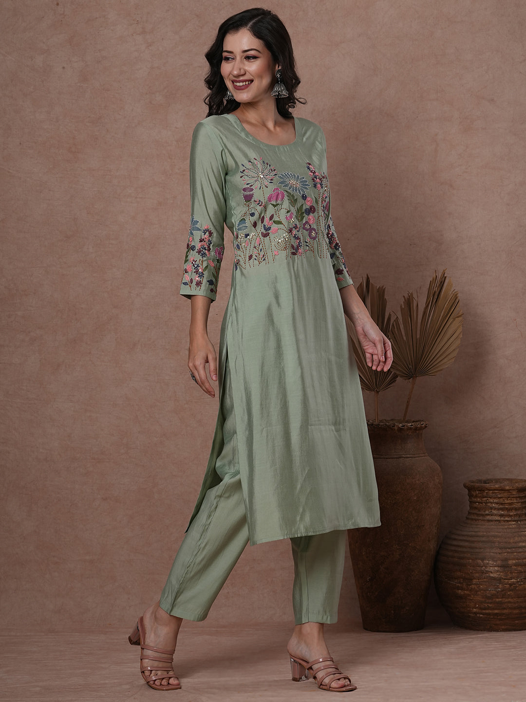 Solid Floral Hand Painted & Embroidered Straight Fit Co-ord Set - Green