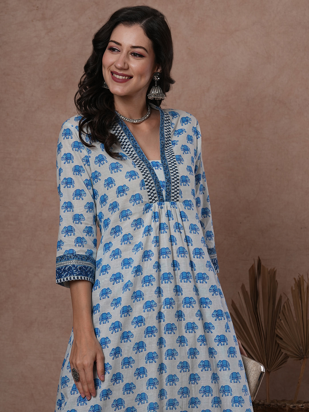 Ethnic Elephant Printed A-Line Pleated Kurta with Pant - Blue