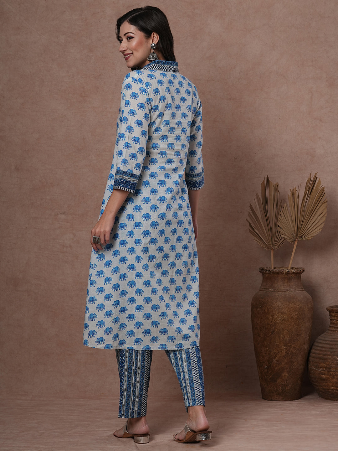 Ethnic Elephant Printed A-Line Pleated Kurta with Pant - Blue