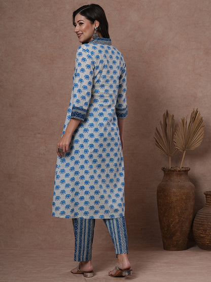 Ethnic Elephant Printed A-Line Pleated Kurta with Pant - Blue