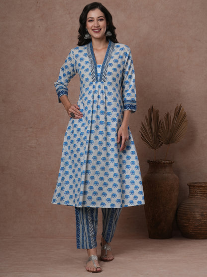 Ethnic Elephant Printed A-Line Pleated Kurta with Pant - Blue