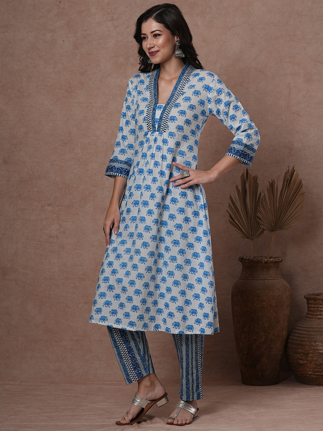 Ethnic Elephant Printed A-Line Pleated Kurta with Pant - Blue