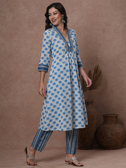 Ethnic Elephant Printed A-Line Pleated Kurta with Pant - Blue