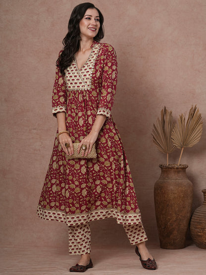 Ethnic Printed Embroidered A-Line Paneled Kurta with Pant - Maroon