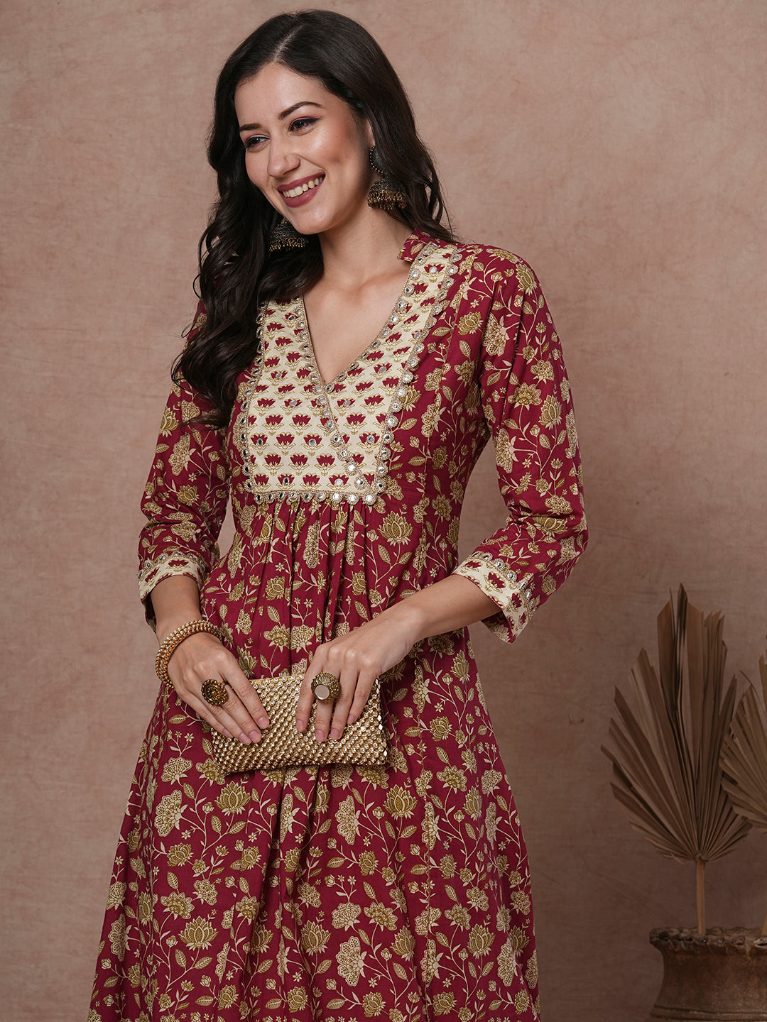 Ethnic Printed Embroidered A-Line Paneled Kurta with Pant - Maroon