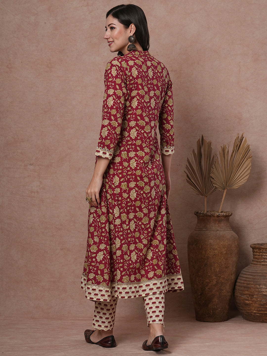 Ethnic Printed Embroidered A-Line Paneled Kurta with Pant - Maroon