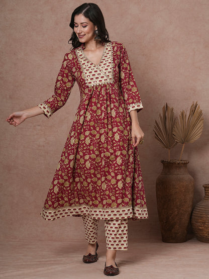 Ethnic Printed Embroidered A-Line Paneled Kurta with Pant - Maroon