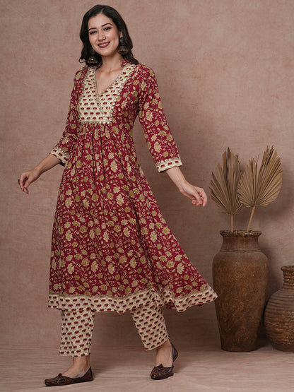 Ethnic Printed Embroidered A-Line Paneled Kurta with Pant - Maroon